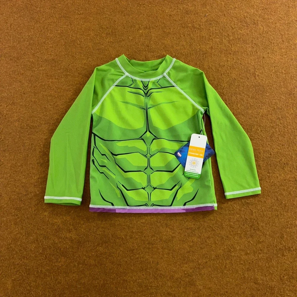 Marvel Boys 2T Green Hulk Avengers UPF 50+ Rash Guard Swim Shirt NWT